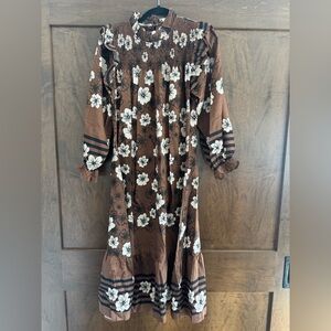 NWT Umgee Floral Brown Maxi Dress With Ruffle Sleeve